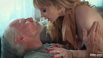 A seductive blonde chokes on an elderly man's penis and pleads for rough penetration until he ejaculates in her mouth, which she eagerly swallows