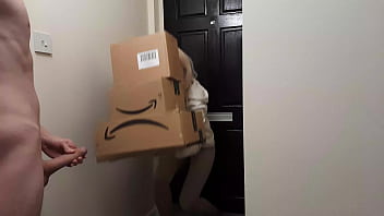 A wild masturbating man encounters a delivery woman from Amazon and she chooses to assist him in reaching orgasm